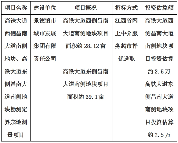 景德鎮(zhèn)市高鐵大道西側(cè)昌南大道南側(cè)地塊、高鐵大道東側(cè)昌南大道南側(cè)地塊勘測(cè)定界宗地測(cè)量項(xiàng)目計(jì)劃公告