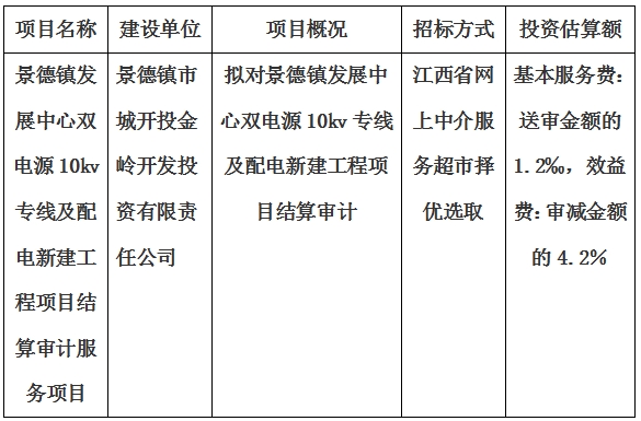 景德鎮(zhèn)發(fā)展中心雙電源10kv專線及配電新建工程項目結算審計服務項目計劃公告
