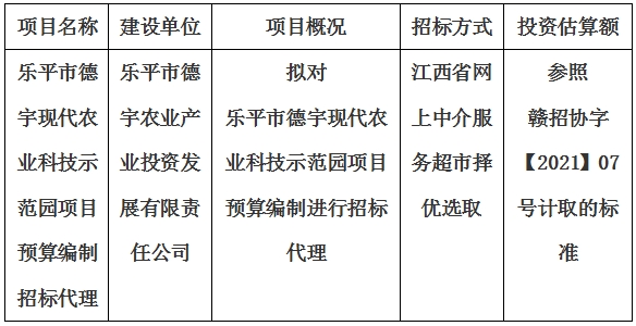 樂(lè)平市德宇現(xiàn)代農(nóng)業(yè)科技示范園項(xiàng)目預(yù)算編制招標(biāo)代理計(jì)劃公告