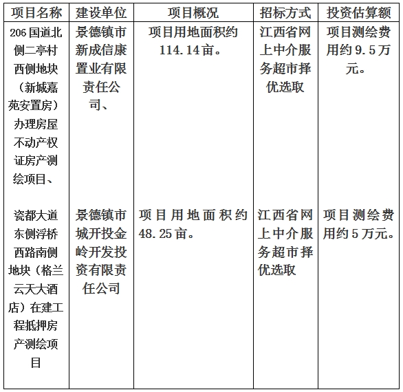 景德鎮(zhèn)市206國道北側(cè)二亭村西側(cè)地塊（新城嘉苑安置房）辦理房屋不動產(chǎn)權(quán)證房產(chǎn)測繪項目、瓷都大道東側(cè)浮橋西路南側(cè)地塊（格蘭云天大酒店）在建工程抵押房產(chǎn)測繪項目計劃公告