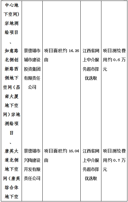 景德鎮(zhèn)市昌南新區(qū)LJ1-03-A01-1地塊、瓷都大道東側(cè)中渡口地下空間（格蘭云天大酒店地下空間）、光明大道北側(cè)利民路西側(cè)地下空間（青少年宮地下空間）、規(guī)劃二路北側(cè)地下空間地塊二（加速基地地下空間）、規(guī)劃二路北側(cè)地下空間地塊一（加速基地地下空間）、景德大道南側(cè)天寶橋西側(cè)地塊、景興大道東側(cè)如意路北側(cè)地下空間(社會公共服務(wù)